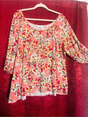 Star Vixen Coral Floral 3/4 Sleeve Blouse Plus Size 3X